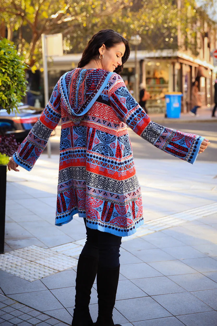 Blue Aztec Hooded Cardigan