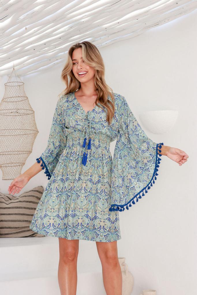 Silky Boho Blue Paisley Goddess Dress