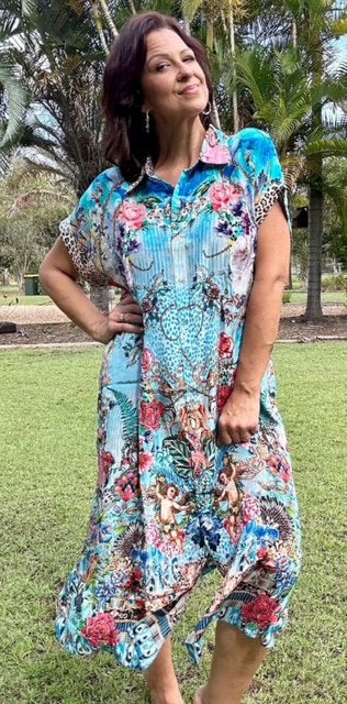 Blue Flora Shift Midi Dress