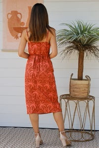 Violet Orange Palm Shoestring Strap Wrap Midi Dress