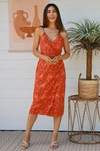 Violet Orange Palm Shoestring Strap Wrap Midi Dress