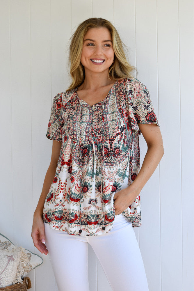 Janine Red Aztec Boho Top