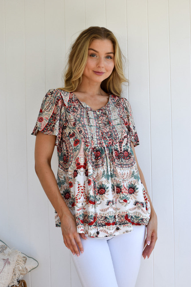 Janine Red Aztec Boho Top