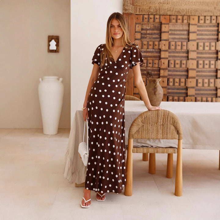 Spring Summer Polka Dot Printed Waist Controlled Bell Sleeve Women Long Dress