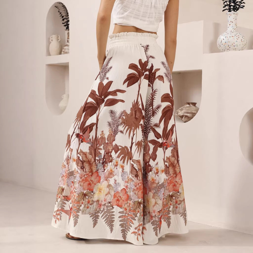 Summer Wide Leg Pants Leaf Print Casual Loose Wide Leg Pants