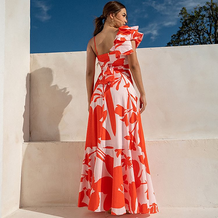 One Shoulder Ruffled Hollow Out Cutout Printed One Piece Swimsuit Women Skirt