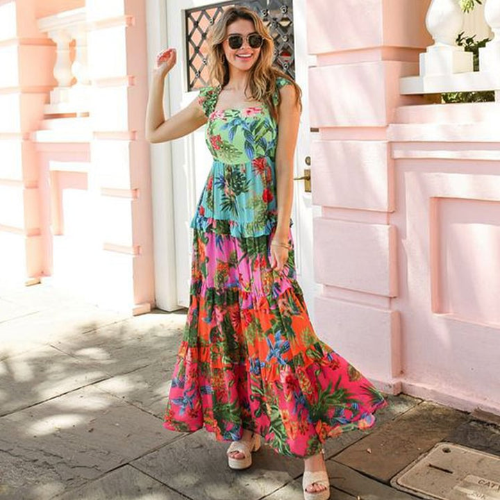 French Flying Sleeve Printed One Piece Swimsuit Women Cake Skirt