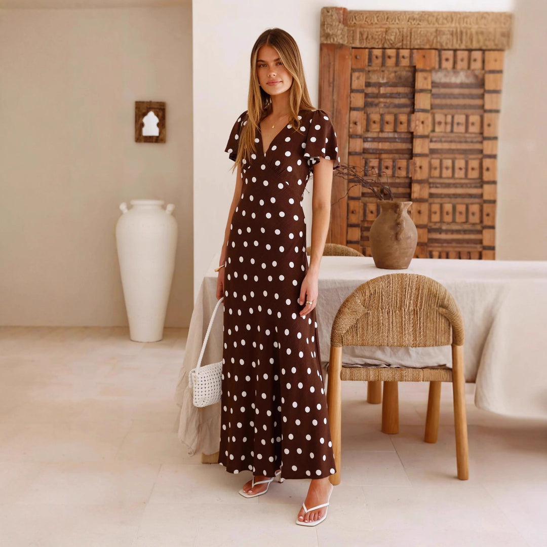 Spring Summer Polka Dot Printed Waist Controlled Bell Sleeve Women Long Dress