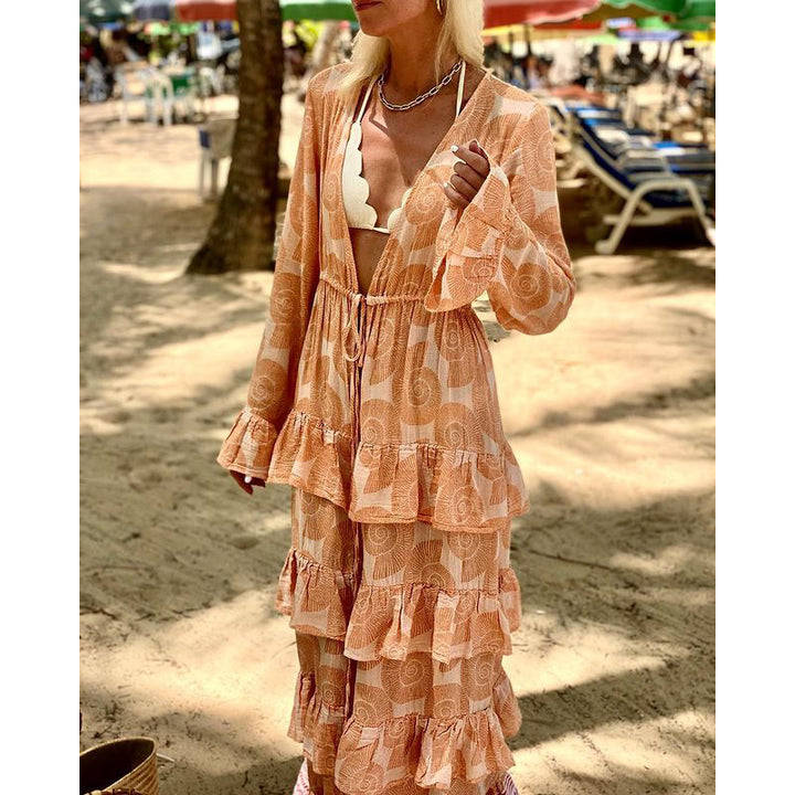 Women Autumn Floral Print Bohemian Vacation Beach Mid Length Dress