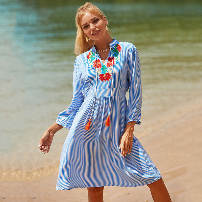 Rayon Blue White Striped Embroidered Beach Cover-up Seaside Vacation Sun Protection Clothing Beach Cover Up