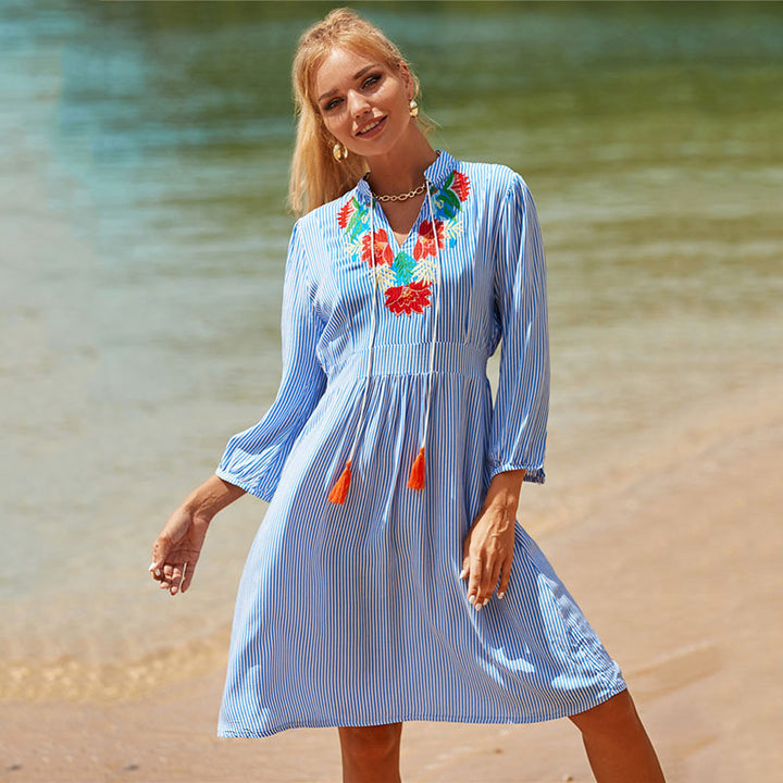 Rayon Blue White Striped Embroidered Beach Cover-up Seaside Vacation Sun Protection Clothing Beach Cover Up
