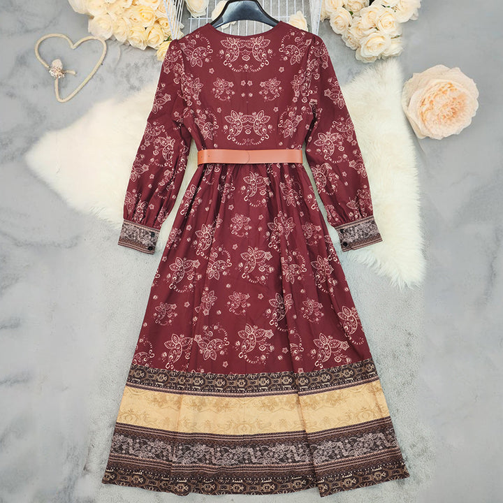 Women Printed V neck Bohemian Maxi Dress