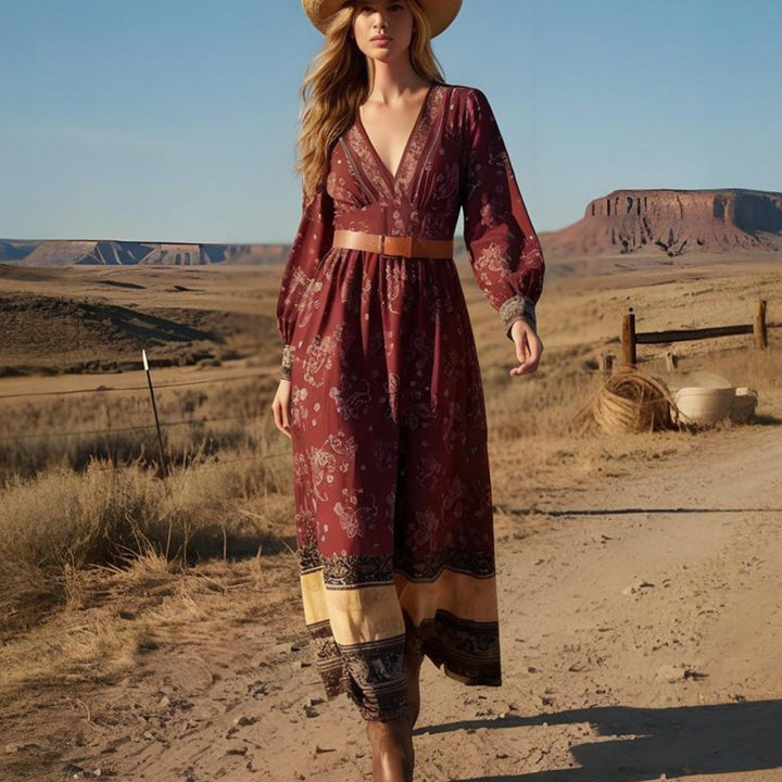 Women Printed V neck Bohemian Maxi Dress