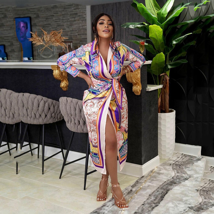 Spring Retro Ethnic Women Clothing Printed Long Sleeved Shirt African Dress