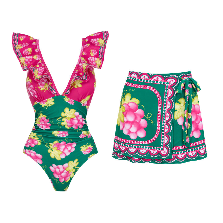 Multicolor Ruffled One-Piece Swimsuit Skirt