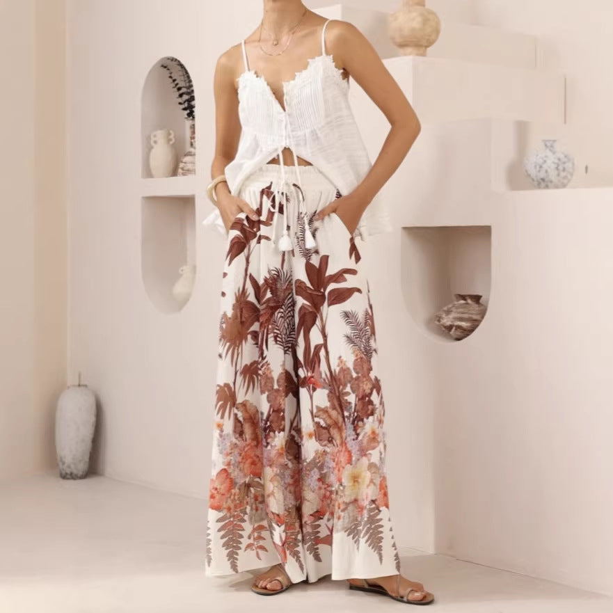 Summer Wide Leg Pants Leaf Print Casual Loose Wide Leg Pants