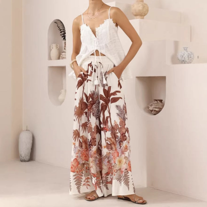 Summer Wide Leg Pants Leaf Print Casual Loose Wide Leg Pants