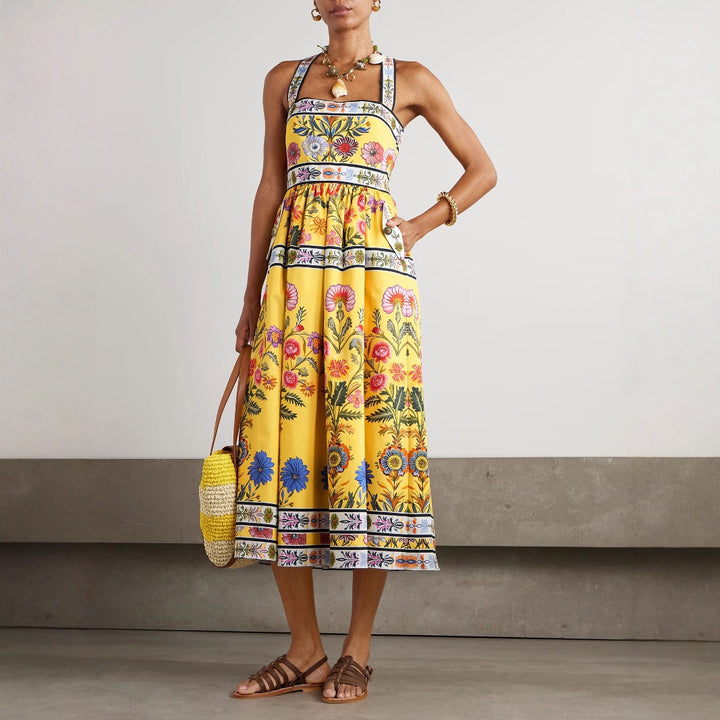 Summer Sexy Sling Pocket Positioning Printing Dress Women