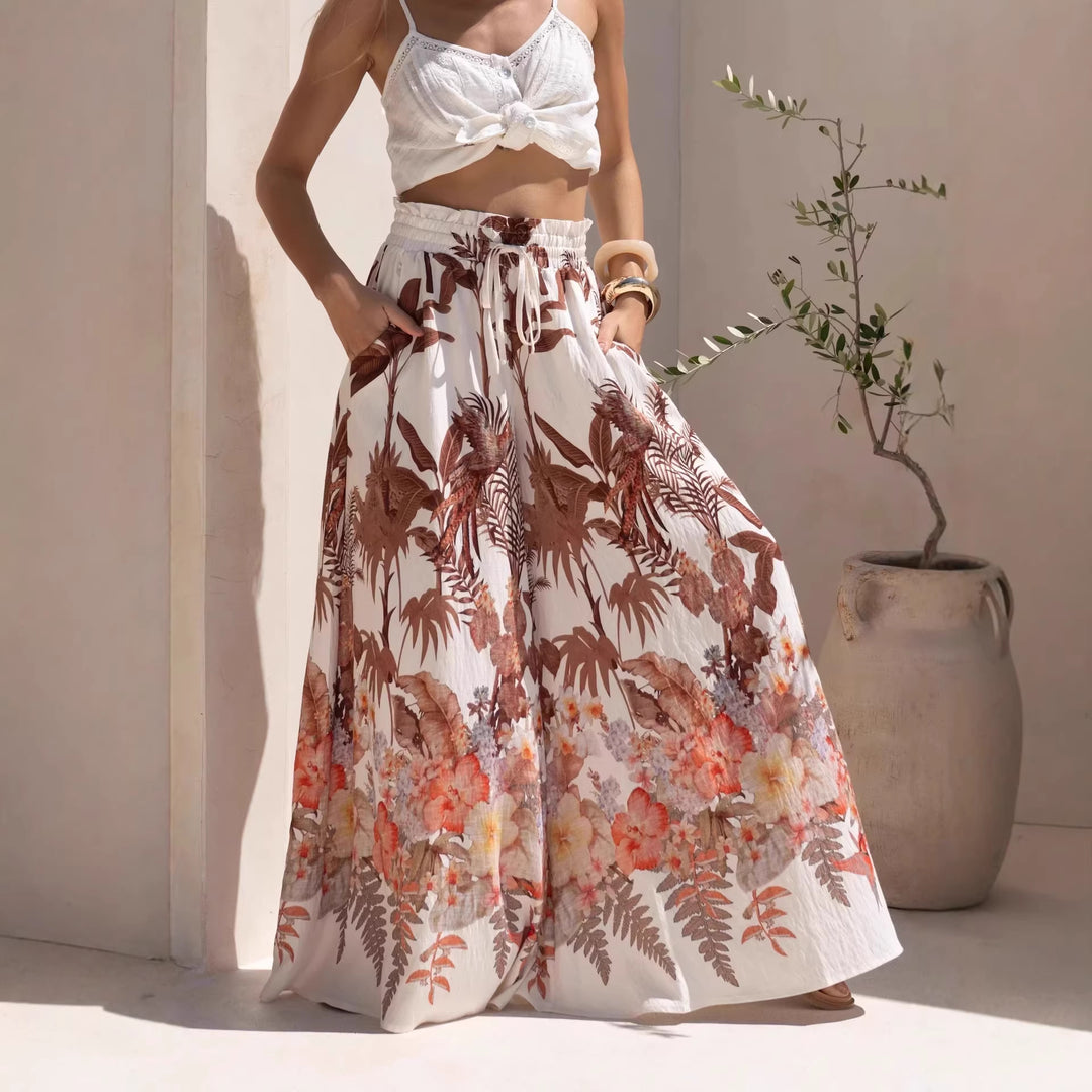 Summer Wide Leg Pants Leaf Print Casual Loose Wide Leg Pants