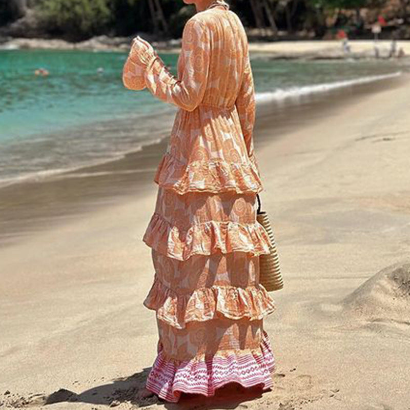 Women Autumn Floral Print Bohemian Vacation Beach Mid Length Dress