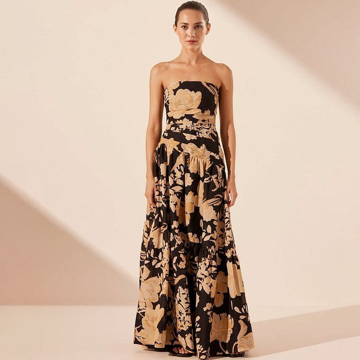 Black Gold Printed Tube Top One Piece Swimsuit Women Long Skirt Sets