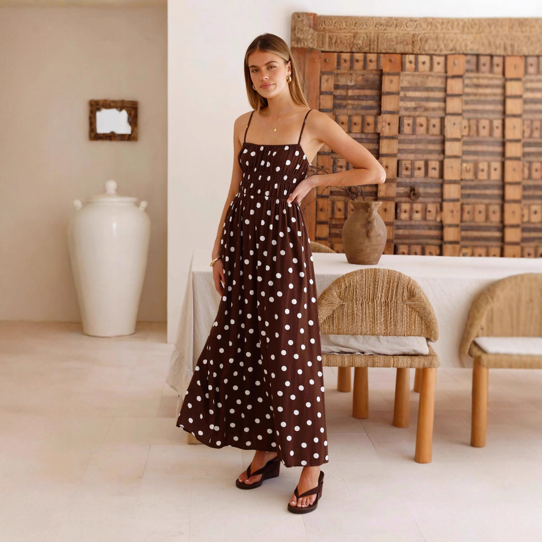 Spring Summer Polka Dot Printed Waist Controlled Large Swing French Vacation Maxi Dress
