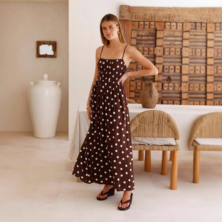 Spring Summer Polka Dot Printed Waist Controlled Large Swing French Vacation Maxi Dress