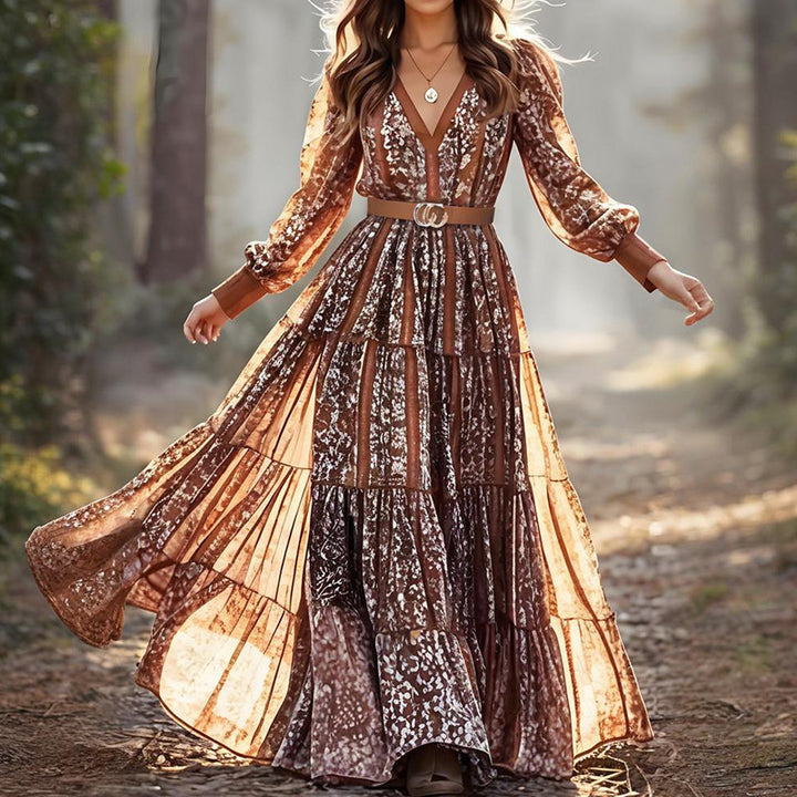 Women Printed Fashionable V neck Bohemian Maxi Dress