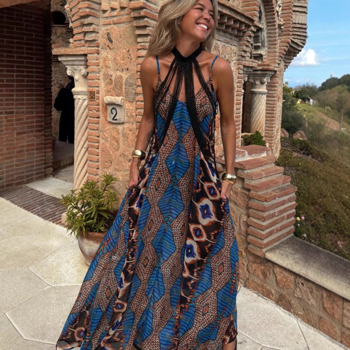 Summer Positioning Printing Sling Swing Maxi Dress