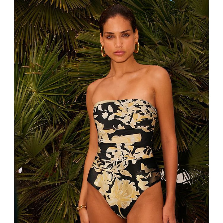 Black Gold Printed Tube Top One Piece Swimsuit Women Long Skirt Sets