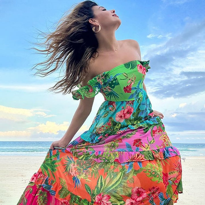 French Flying Sleeve Printed One Piece Swimsuit Women Cake Skirt