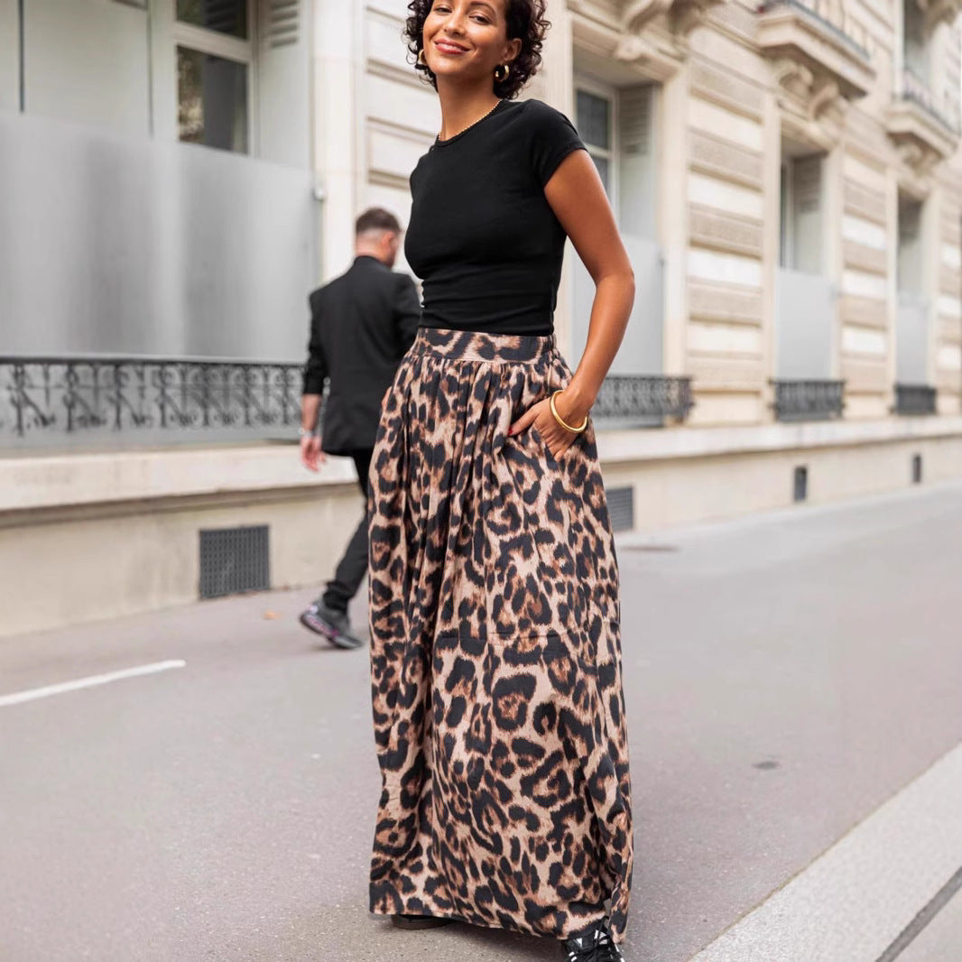 Skirt Spring Summer Leopard Print Pleated Puffy Skirt Women