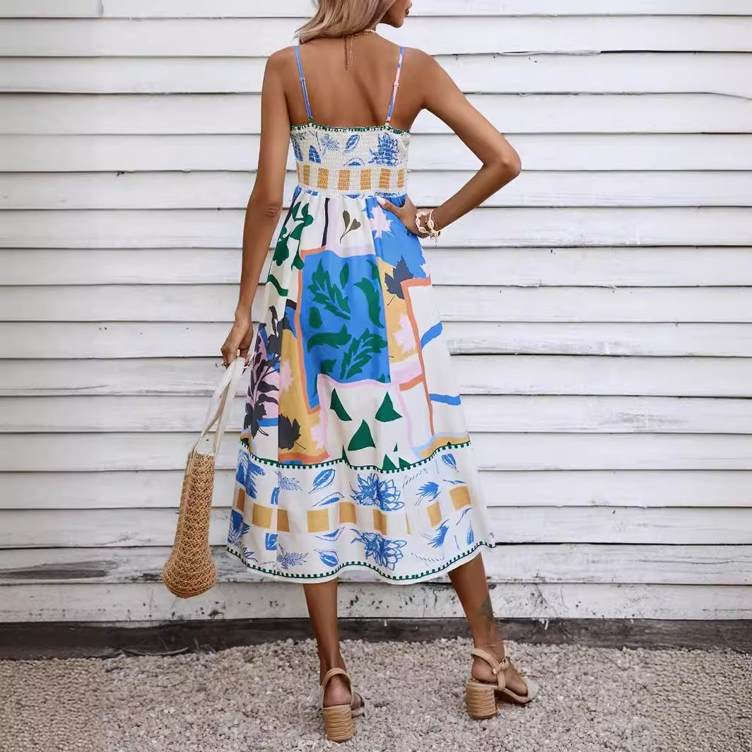 Summer Women Sexy Positioning Printed Spaghetti Straps Sleeveless Large Swing Dress Amplified craft