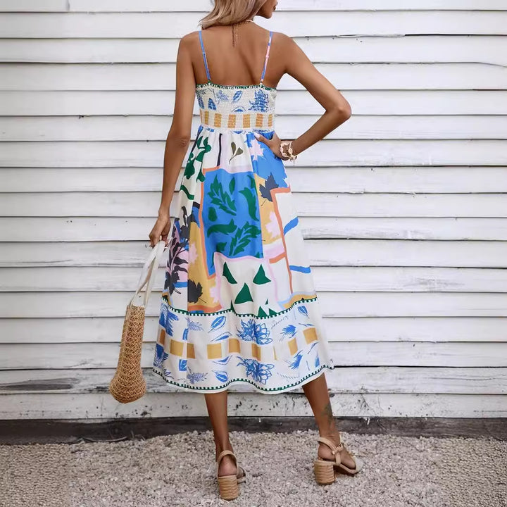 Summer Women Sexy Positioning Printed Spaghetti Straps Sleeveless Large Swing Dress Amplified craft