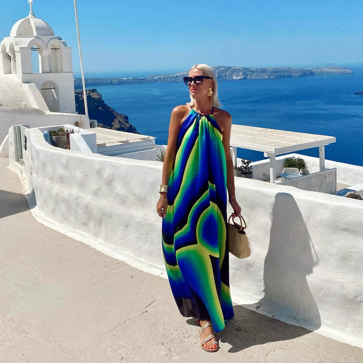 Summer Dress Printed Halter off Shoulder Loose Expansion Dress Vacation Wind Length Dress