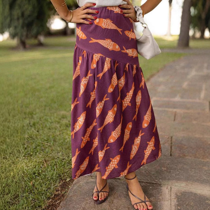 Autumn Printed High Waist Irregular Asymmetric Swing Women Skirt