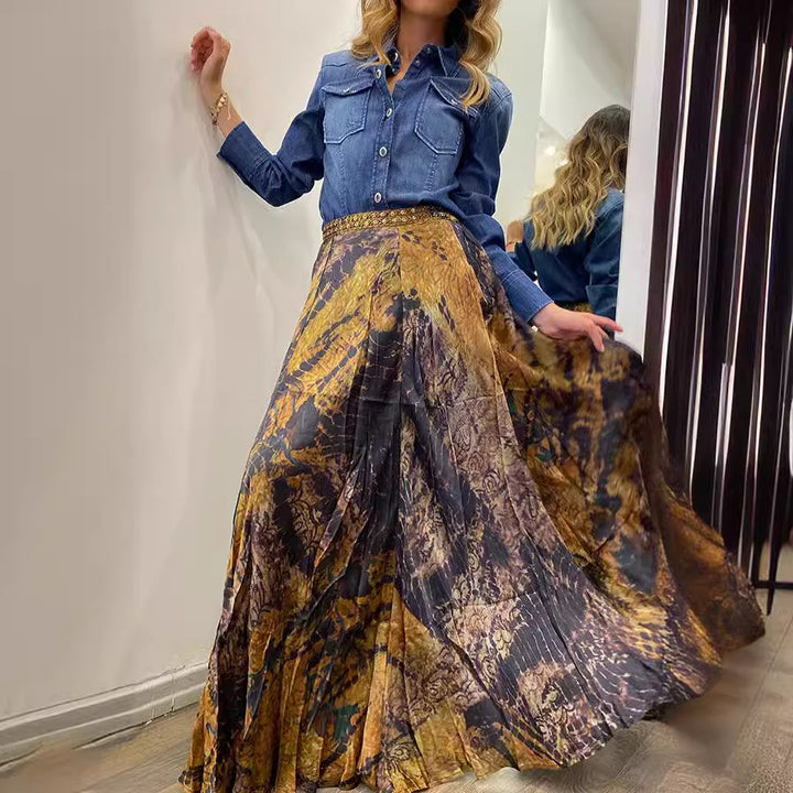 Women Autumn Retro Printed Elastic Waist Long Skirt