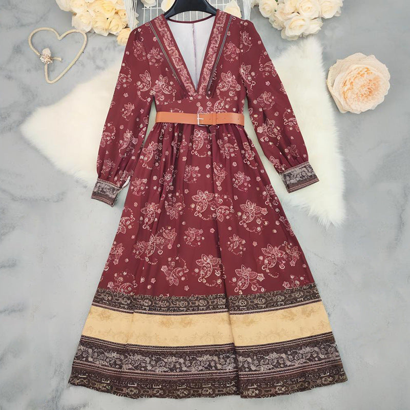 Women Printed V neck Bohemian Maxi Dress