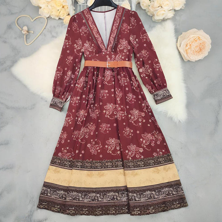 Women Printed V neck Bohemian Maxi Dress