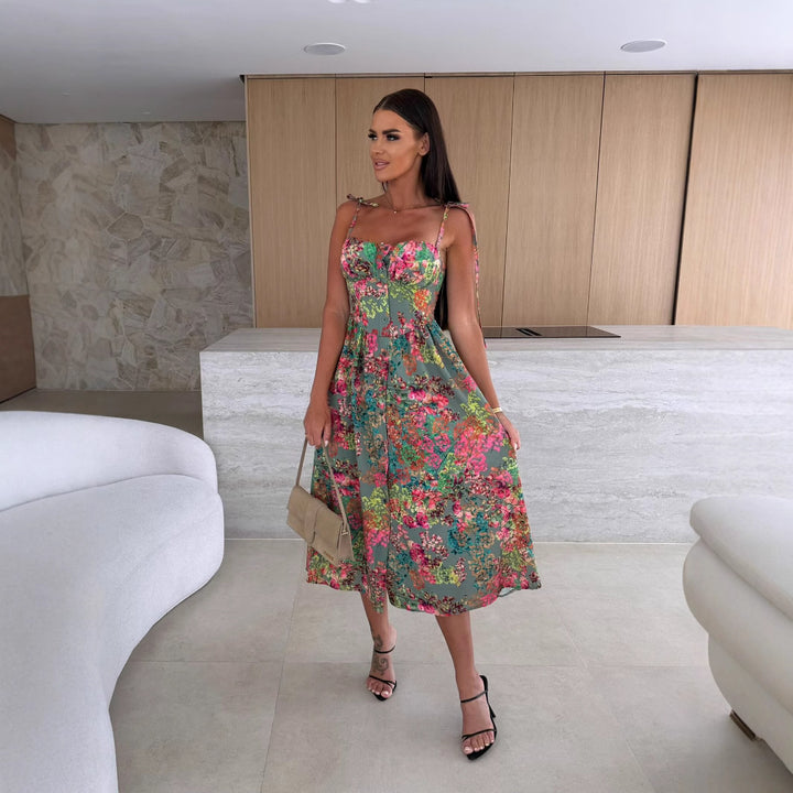 Women Clothing Summer Comes with Chest Pad Spaghetti Strap Floral Print Waist Tight Single Breasted Dress