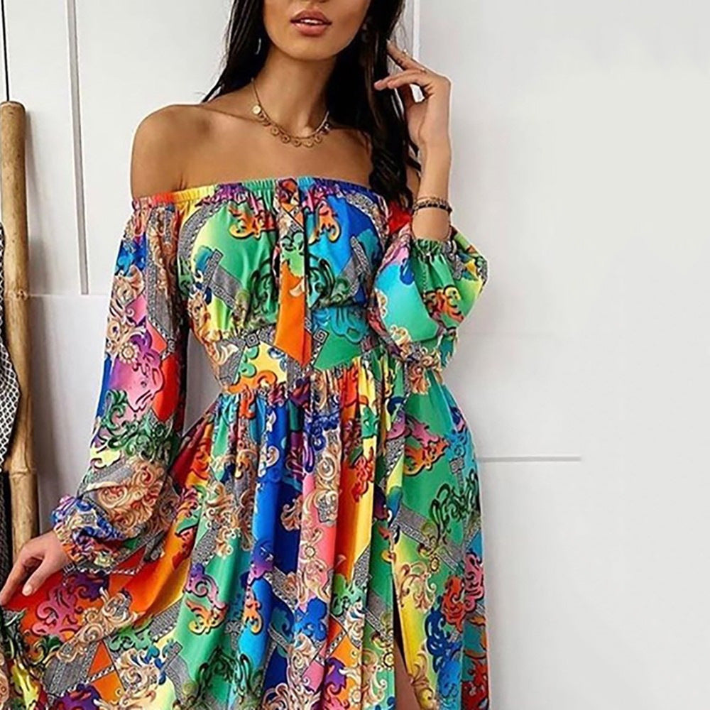 Evening Dress Printed Dress V-neck Pullover Retro Long Sleeve Big Hem Split Dress
