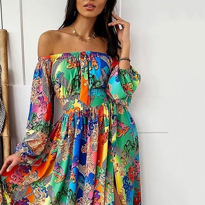 Evening Dress Printed Dress V-neck Pullover Retro Long Sleeve Big Hem Split Dress