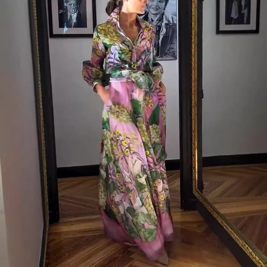 Women Printing Elegant Young Long Sleeve Skirt Two Piece Set