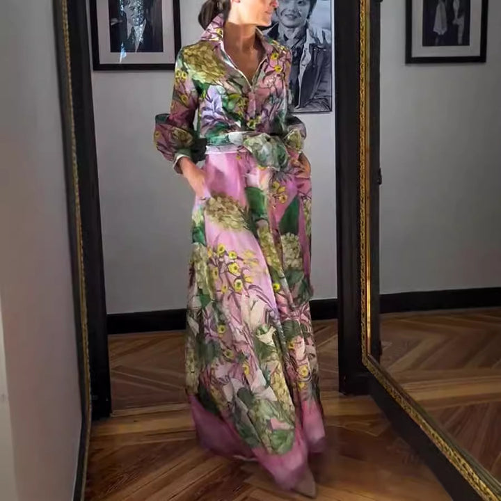 Women Printing Elegant Young Long Sleeve Skirt Two Piece Set