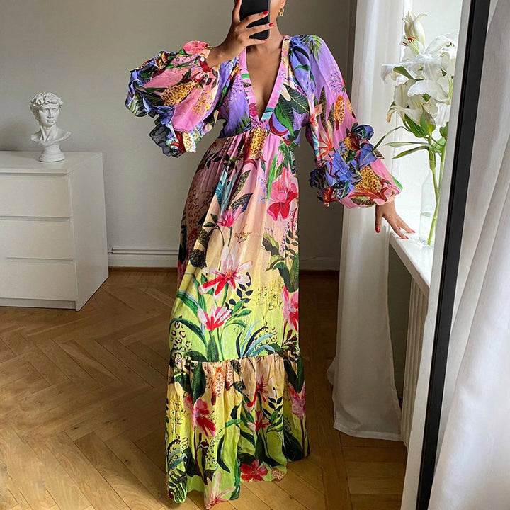 Summer Printed Gradient Color Ruffled V neck Sexy Slimming Maxi Dress Gown