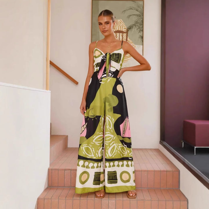 Spring Summer Jumpsuit Sexy Cropped Print Sling Wide Leg Jumpsuit Women