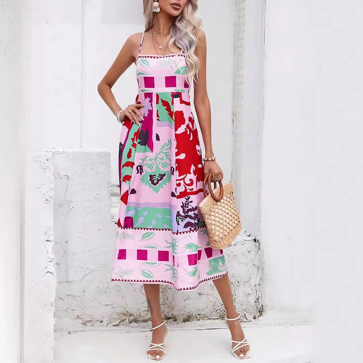 Summer Women Sexy Positioning Printed Spaghetti Straps Sleeveless Large Swing Dress Amplified craft