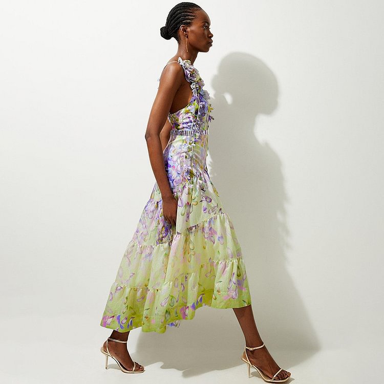 3D Floral Decorative Printed Tassel One Piece Swimsuit Women Clothes