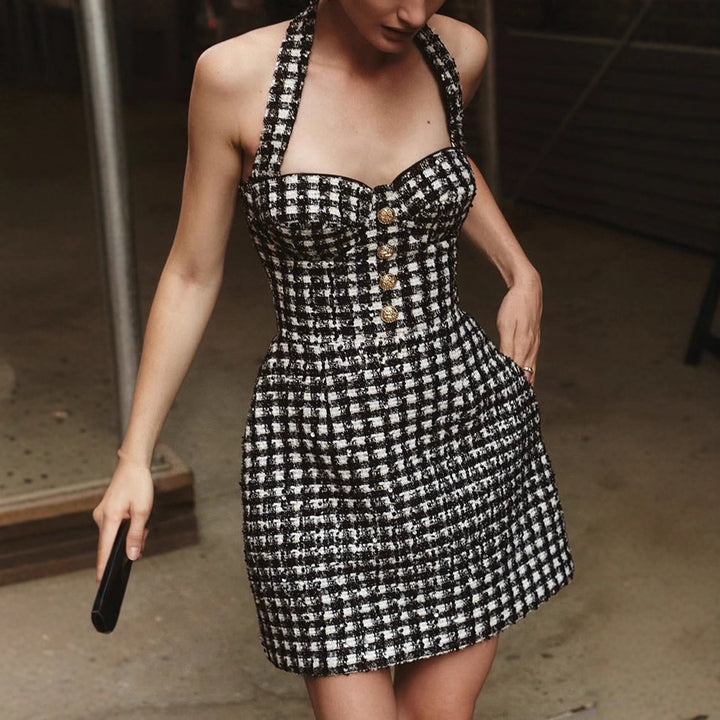Black White Lattice Pattern Coarse Floral Halter Dress Tight Waist Party Dinner Retro Dress