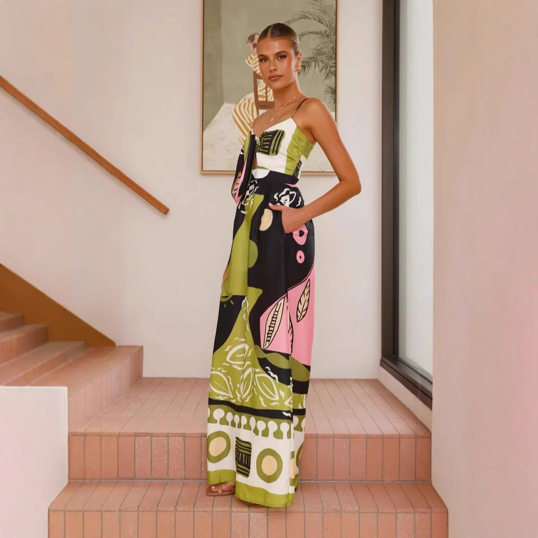 Spring Summer Jumpsuit Sexy Cropped Print Sling Wide Leg Jumpsuit Women